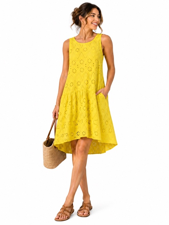 Valantina Naldi Dresses & Skirts - Valentina Naldi Eyelet High Low Dress Yellow Sleeveless Resort Medium Coastal